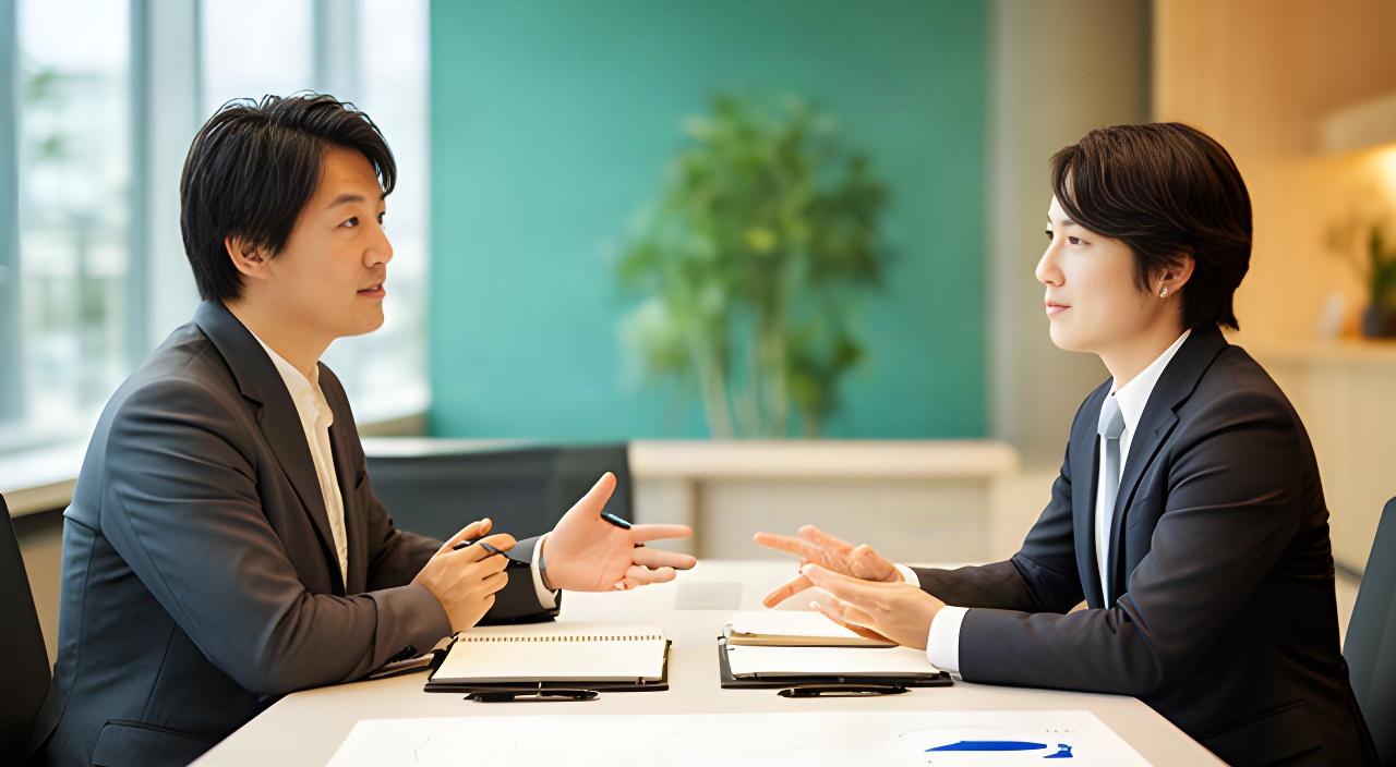 熊本市内の会議室で、経営者とコンサルタントが事業計画の資料を見ながら相談している様子