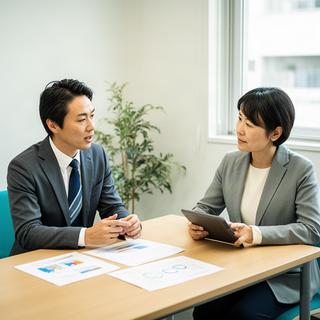 熊本の会議室で地域企業の経営者と資料を見ながら話すコンサルタント