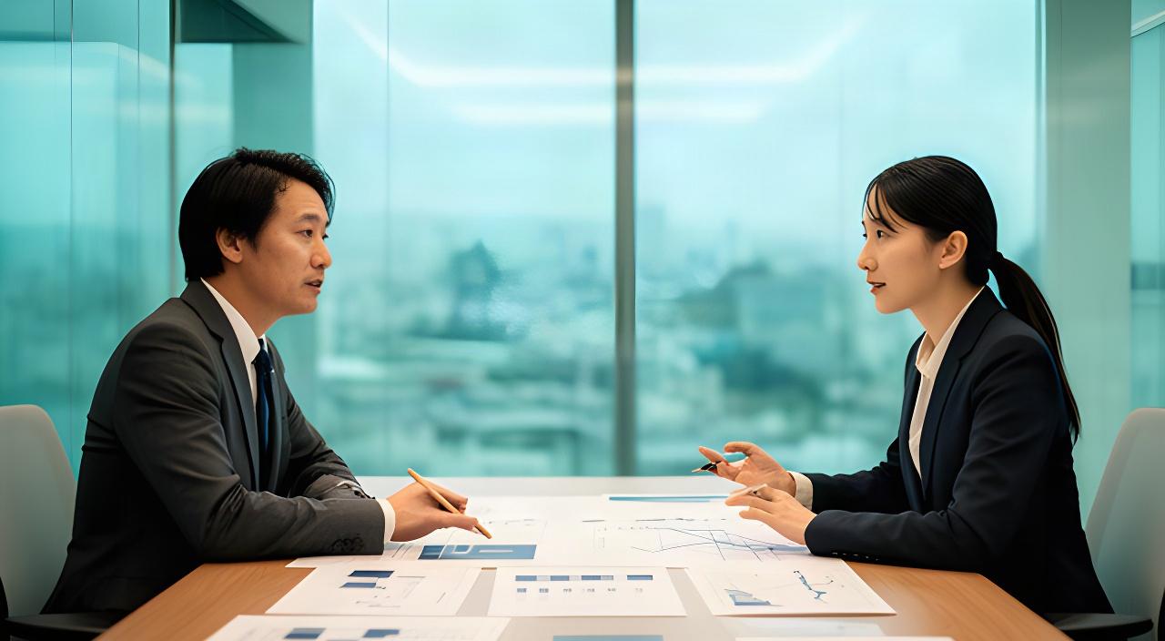 熊本市の会議室で、経営者とコンサルタントが事業計画の資料を確認している様子