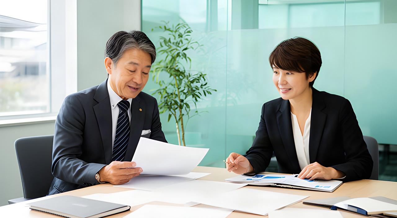 熊本市の明るい会議室で、地域企業の経営者とコンサルタントが事業計画を確認する様子