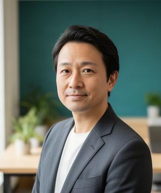 熊本のオフィスで落ち着いた表情を見せる経営コンサルティング会社の代表
